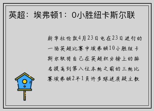 英超：埃弗顿1：0小胜纽卡斯尔联